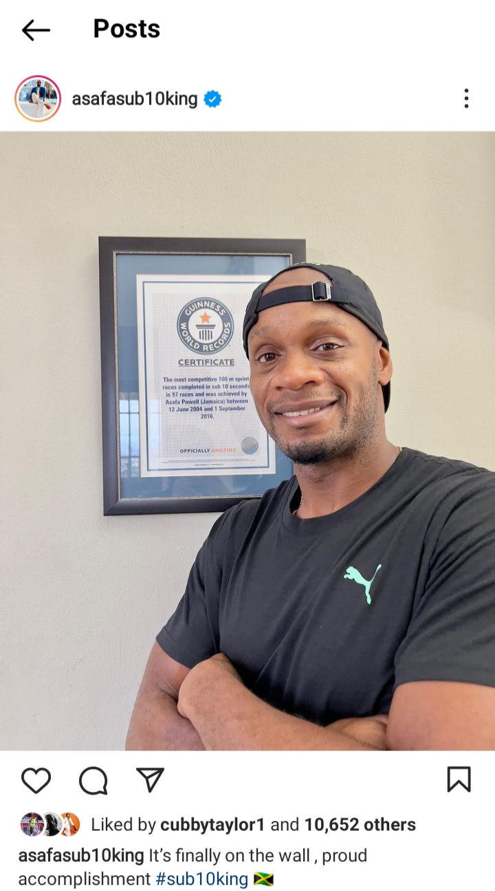 &#8216;Sub10King&#8217; Asafa Powell celebrates Guinness World Record certificate